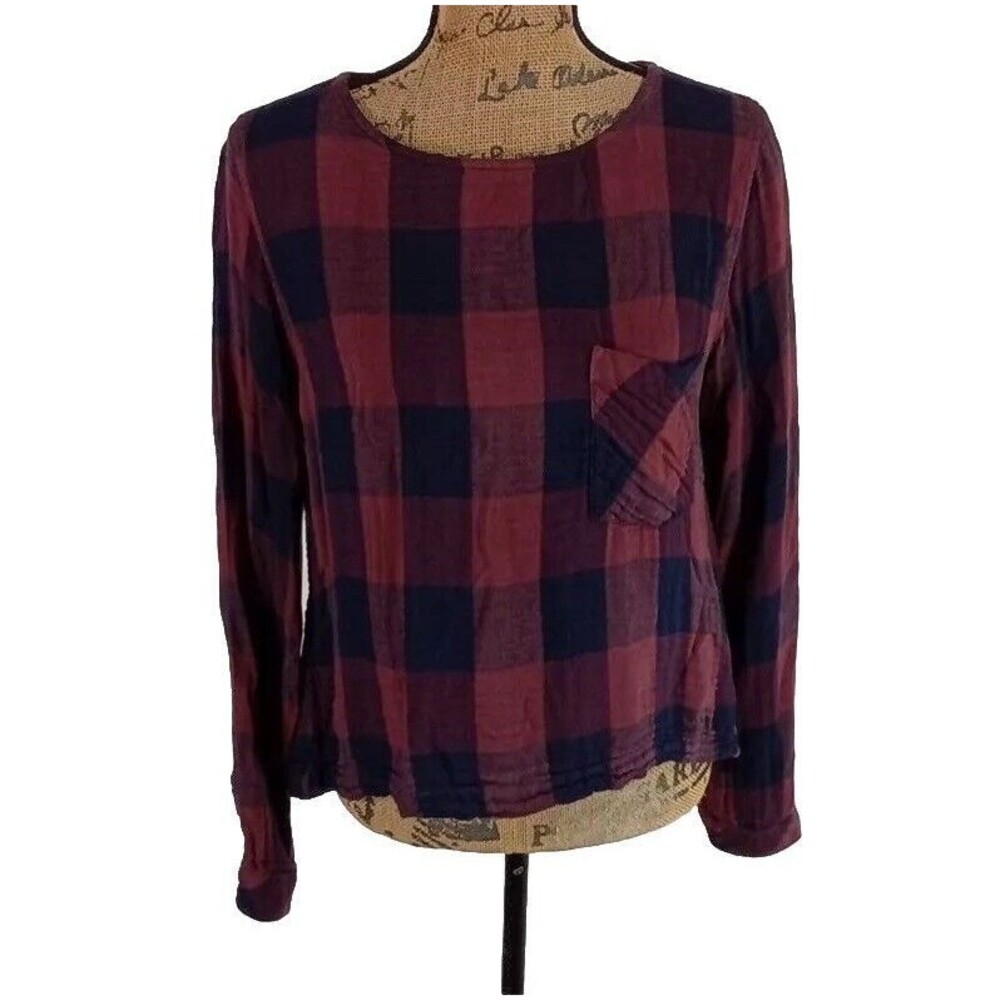 Cloth & Stone Top Size S‎ Plaid Burgundy Navy Blue Lace Up Back Anthropologie